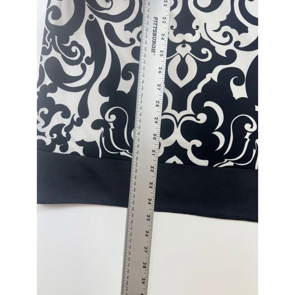 Caché Women's Dress Size 8 Black White Damask Print Sheath Long Sleeve Stretch 8